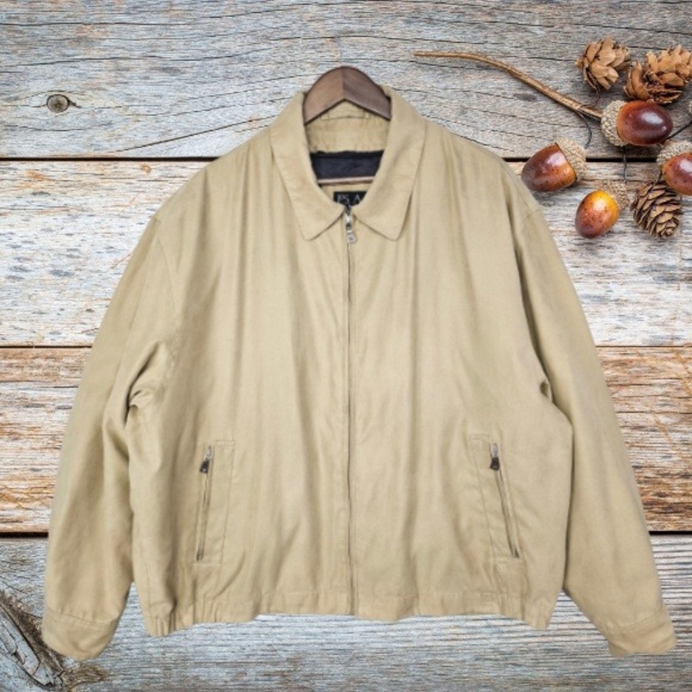 Jos. A. Bank Faux Suede Bomber Jacket Men's XL Tan Zip Front Plaid Zip-Out Liner